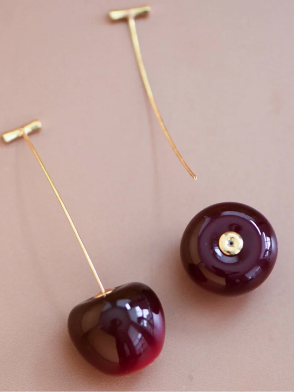 Glossy Red Cherry Stem Drop Earrings - Picture 4 of 4
